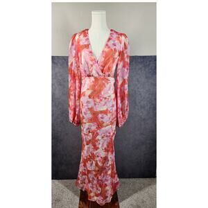 New Esther And Co Floral Sheer Faux Wrap Dress Long Sleeve Size 10 Medium NWT